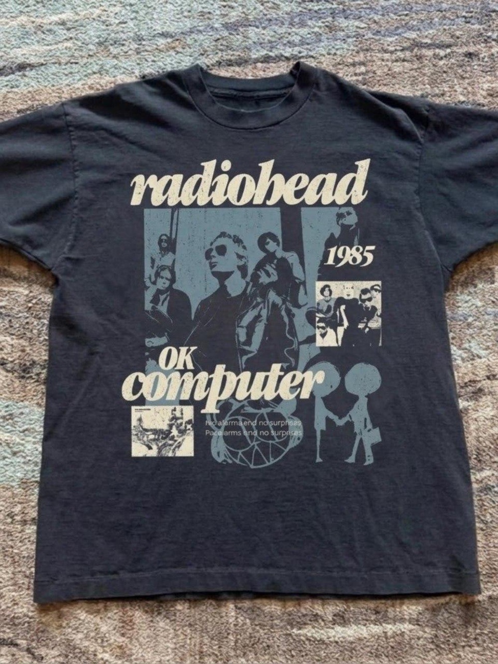 Gildan Black Radiohead OK Computer Tee with Cream & Muted Blue Print
